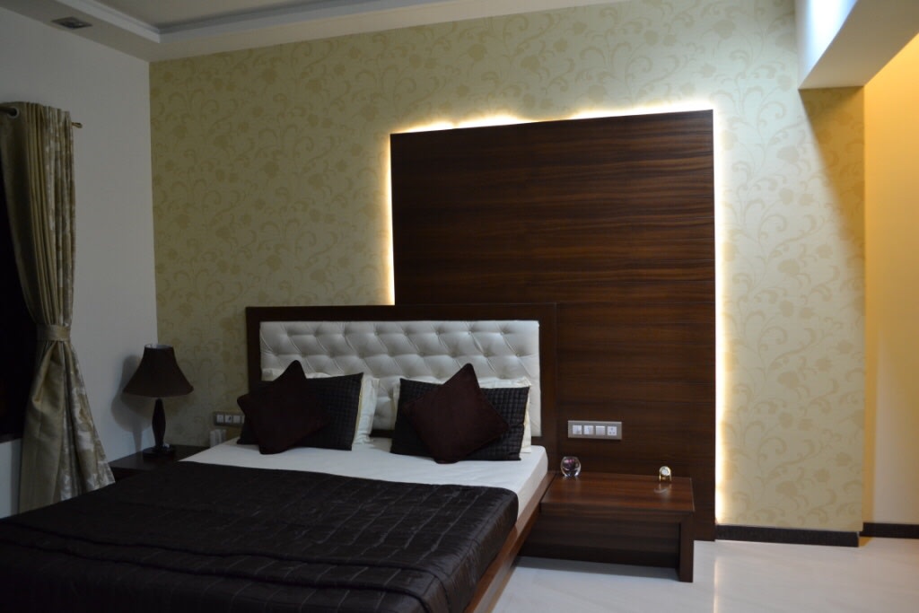 Bedroom With Dark Chocolate And White Bed by Kalyani Kulkarni Bedroom Contemporary | Interior Design Photos & Ideas
