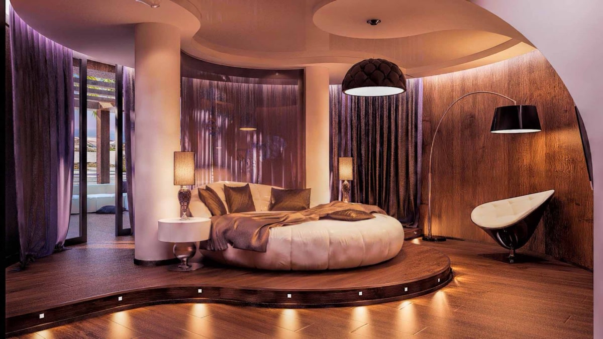 Luxury Bedroom With Round Bulky Bed And Wooden Flooring by Hemant Sahni Bedroom Modern | Interior Design Photos & Ideas