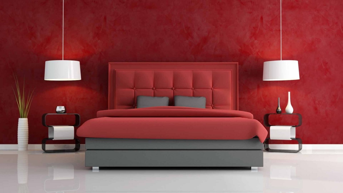 Cotton Shade Marble Flooring With Red Velvet Wall In Bedroom by Hemant Sahni Bedroom Modern | Interior Design Photos & Ideas
