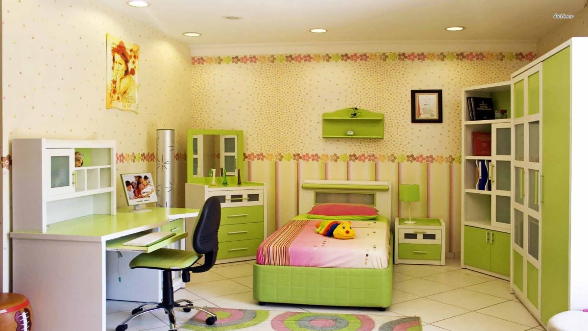 Kids Bedroom With Green Shade Cabinets And Wooden Study Table by Hemant Sahni Bedroom Modern | Interior Design Photos & Ideas