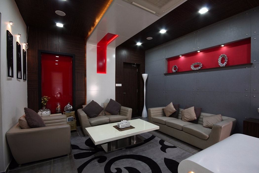 Grey Themed Living Room With Red Touch by Jerry Meshach J Living-room Contemporary | Interior Design Photos & Ideas