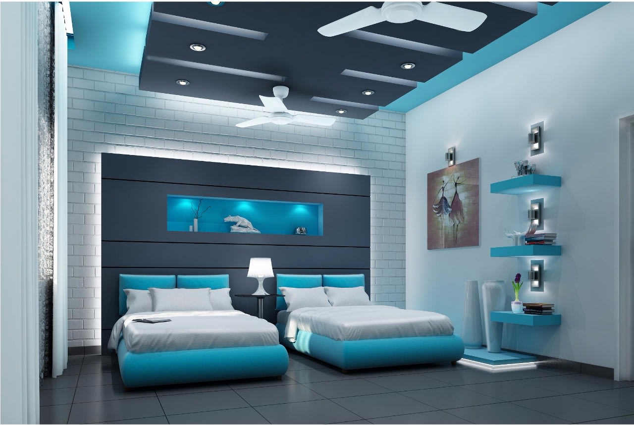 Deep Sky Blue And White Themed Bedroom by Jerry Meshach J Bedroom Contemporary | Interior Design Photos & Ideas