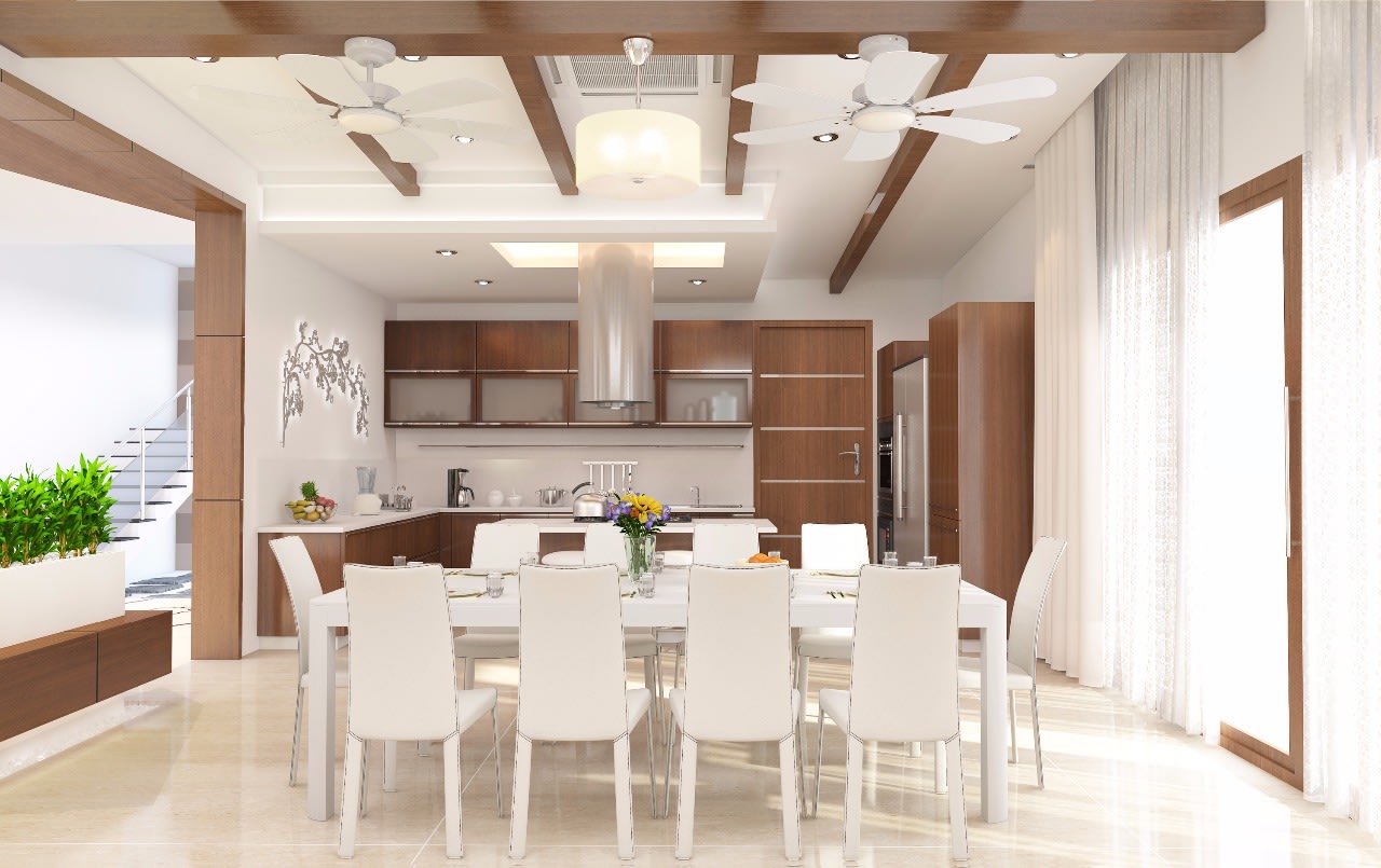 Pecan Shaded Dining Room With White Chairs by Jerry Meshach J Dining-room Modern | Interior Design Photos & Ideas