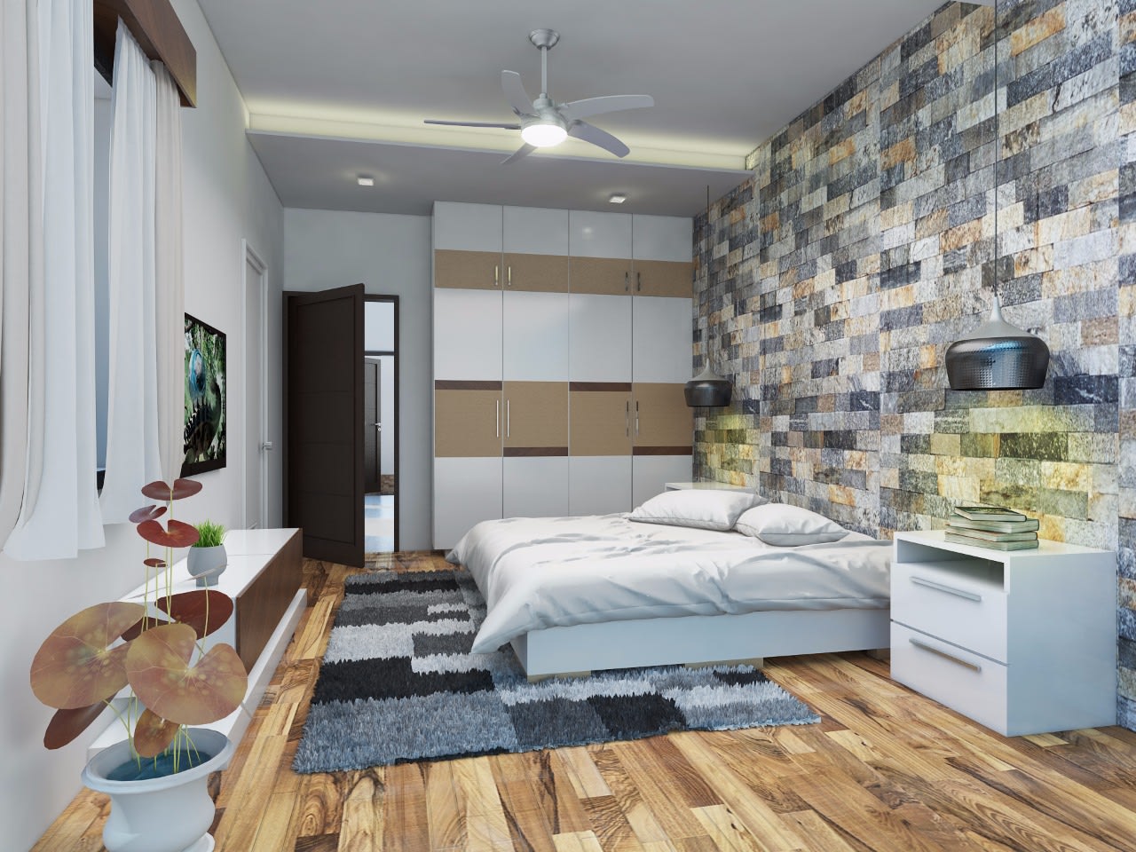 Ivory Shaded Bedroom With Brick Texture by Jerry Meshach J Bedroom Contemporary | Interior Design Photos & Ideas