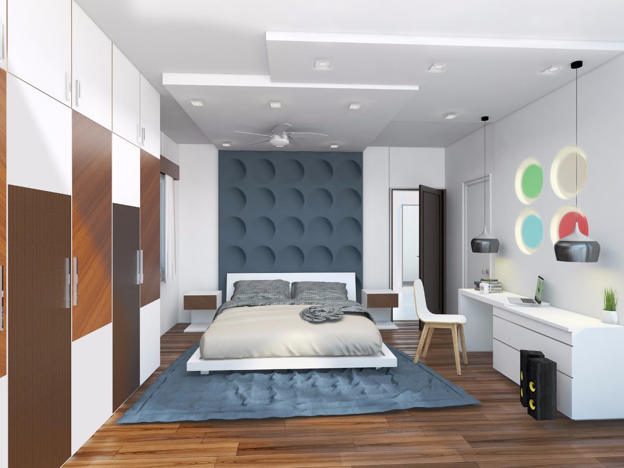 White Smoke Shaded Bedroom With Study Table by Jerry Meshach J Bedroom Modern | Interior Design Photos & Ideas