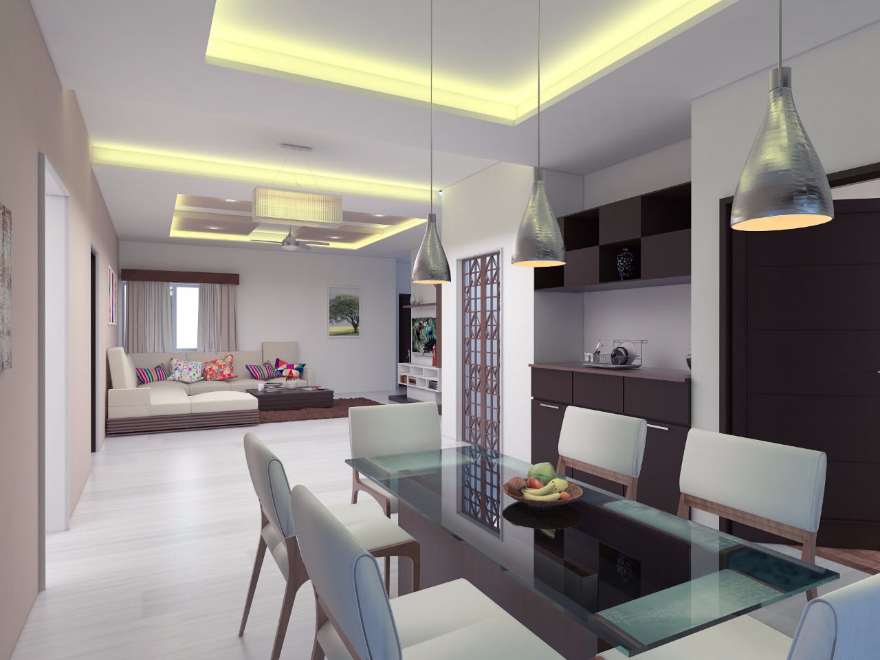 Pearl White Dining Room With Hanging Light by Jerry Meshach J Dining-room Modern | Interior Design Photos & Ideas