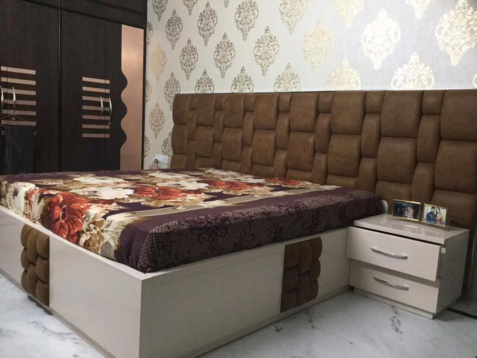 White Low Floor Bed and Brown Leather Headboard by Deepanshu Gandhi Bedroom Contemporary | Interior Design Photos & Ideas