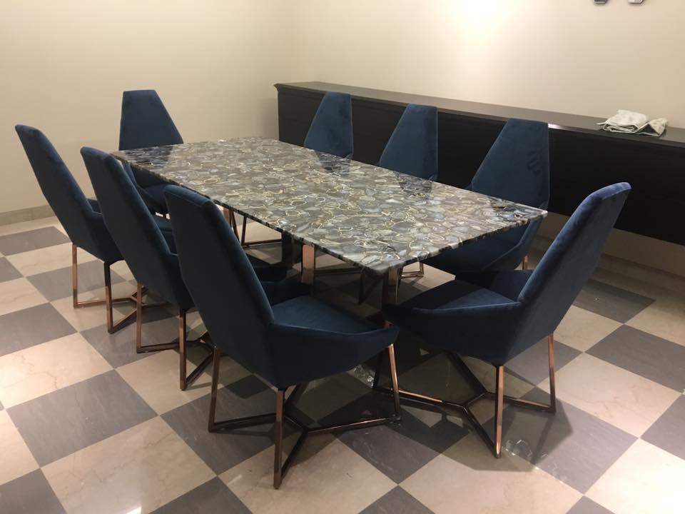 Regal Dining Room With Navy Blue Side Chairs and Black Marble Dining Table by Deepanshu Gandhi Dining-room Modern | Interior Design Photos & Ideas