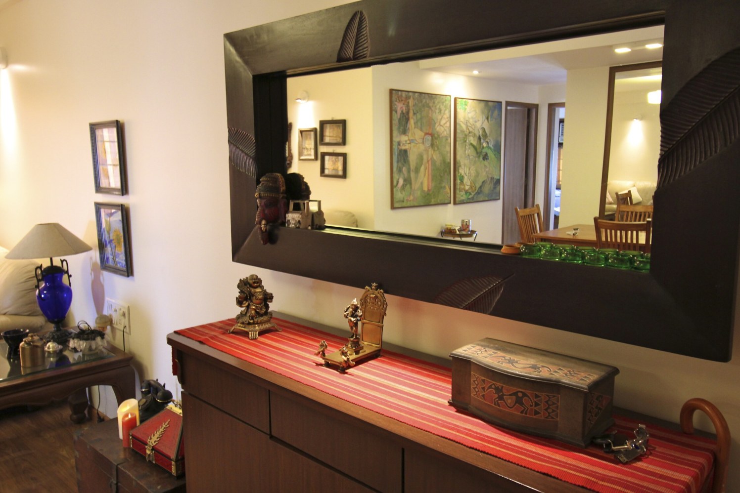 Walnut Brown Wooden Display Unit With Wood Designed Mirror by Viraf Laskari Living-room Contemporary | Interior Design Photos & Ideas