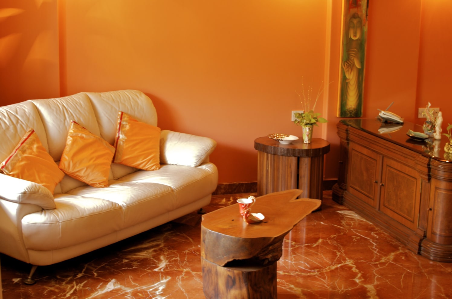 Stunning Living Room with White Sofa, Orange Patterned marble Flooring by Viraf Laskari Living-room Contemporary | Interior Design Photos & Ideas
