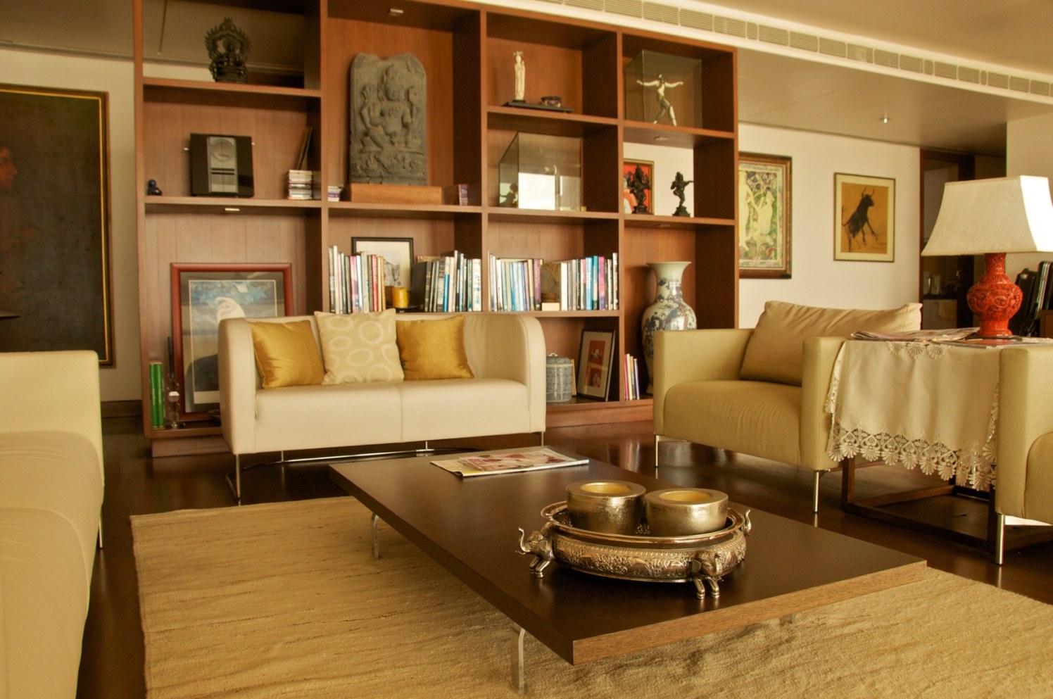 Creamy Sofa Set With Wooden Touch Display Unit by Viraf Laskari Living-room Eclectic | Interior Design Photos & Ideas