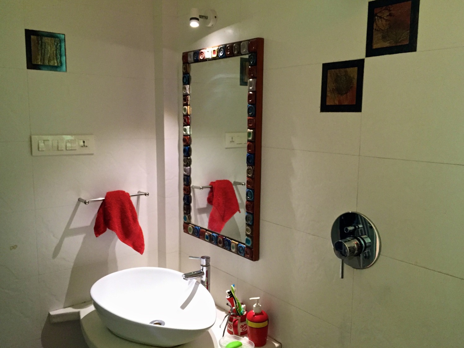 Small Corner In Washroom with Designed Square Mirror by Viraf Laskari Bathroom Contemporary | Interior Design Photos & Ideas