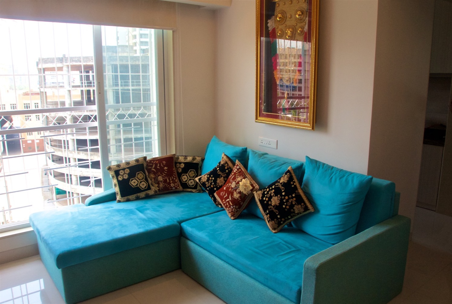 Blue L shaped Sofa with Patterned Cushions by Viraf Laskari Living-room Contemporary | Interior Design Photos & Ideas