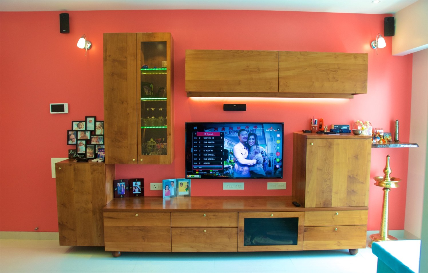 Wooden Tv Unit with Pink Wall by Viraf Laskari Living-room Contemporary | Interior Design Photos & Ideas