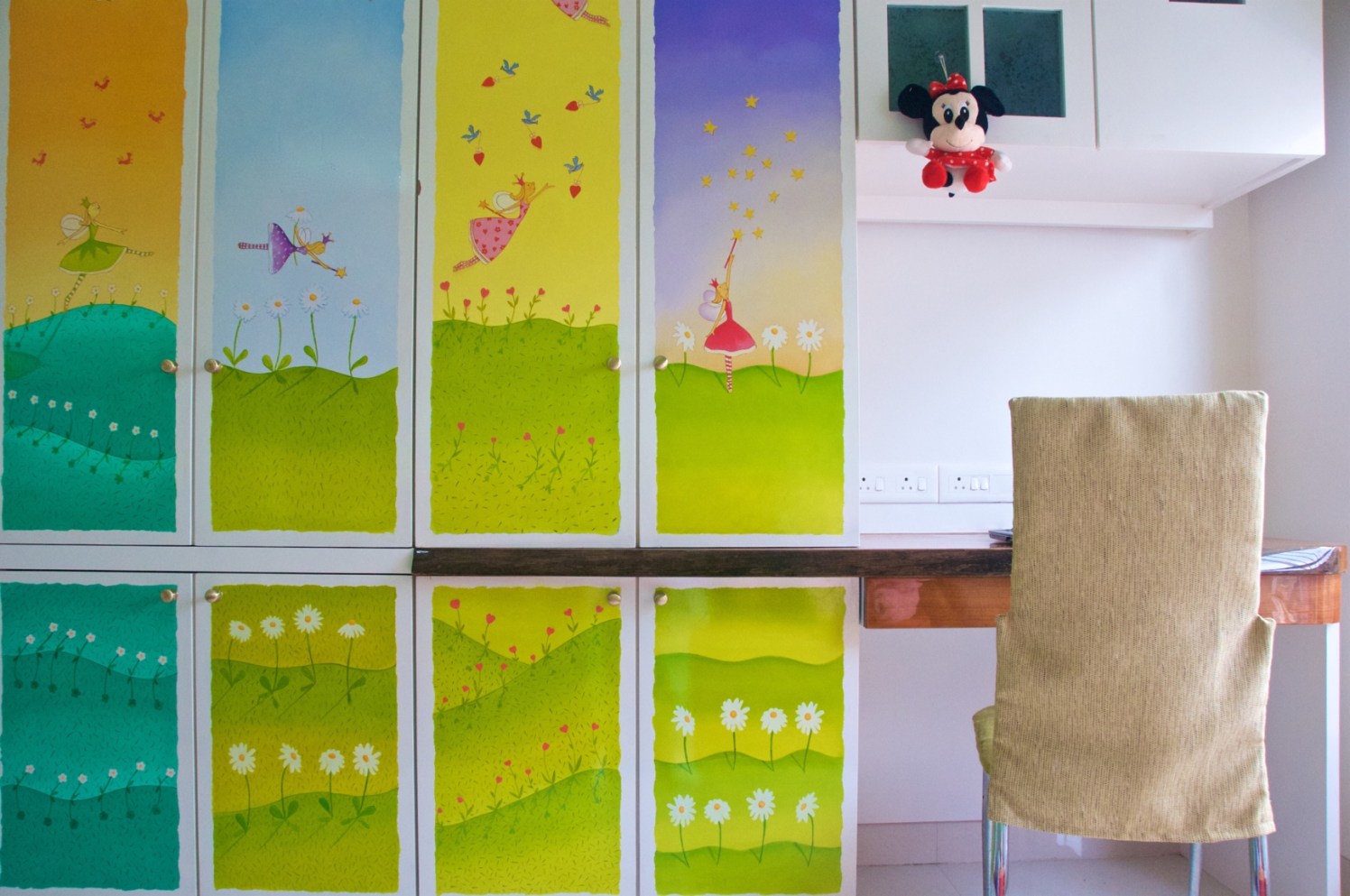 Whole View Of Study Table With Colorful Cupboards by Design Kkarma