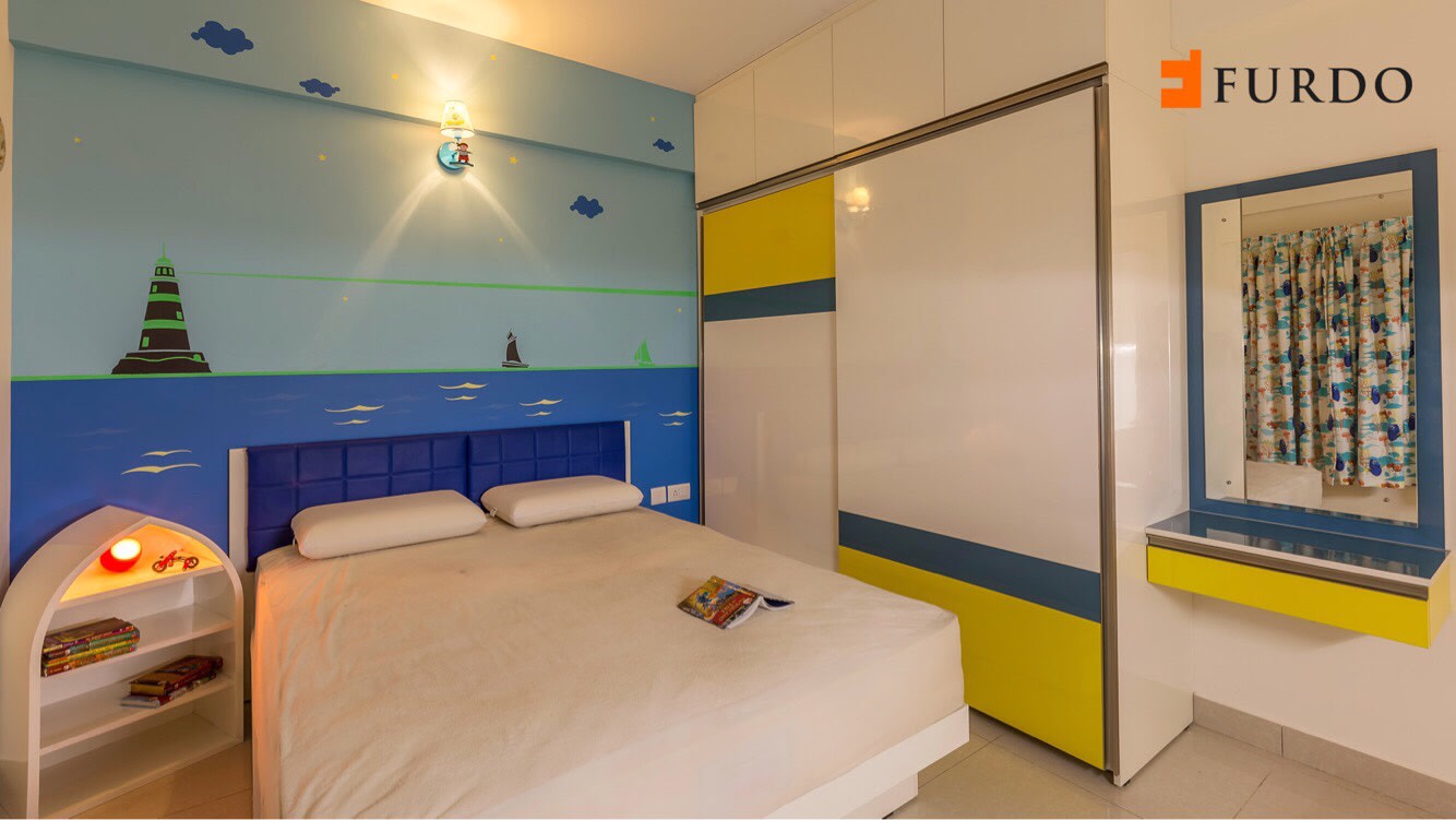 Bedroom with wall art and colorfiull wardrobe by Furdo.com Bedroom Modern | Interior Design Photos & Ideas