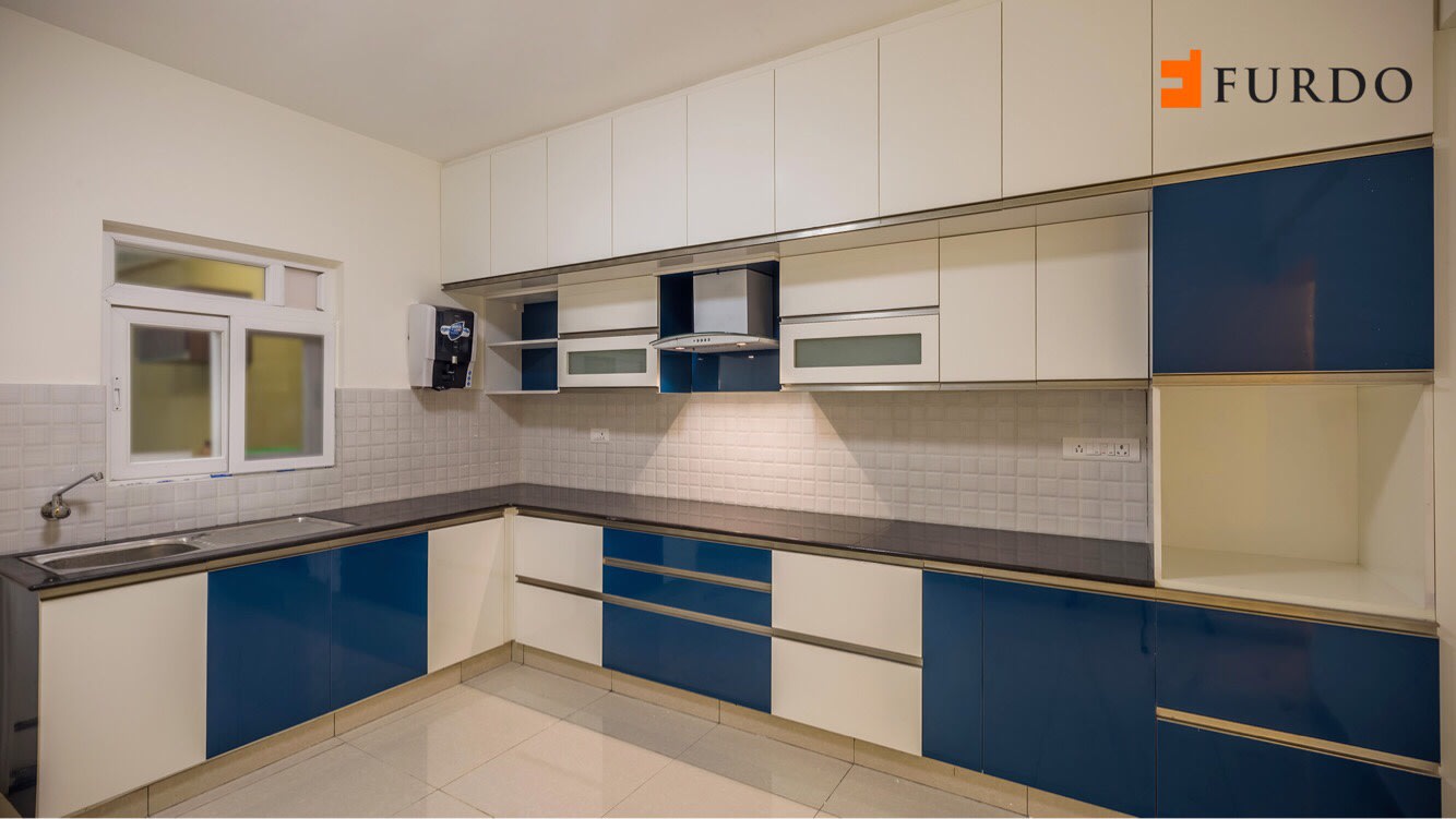 L shape kitchen with blue & white cabinets by Furdo.com Modular-kitchen Modern | Interior Design Photos & Ideas