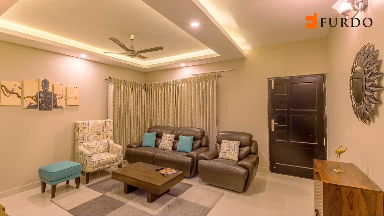 Living Room With Wooden Center Table And White False Ceiling by Furdo.com Living-room Contemporary | Interior Design Photos & Ideas