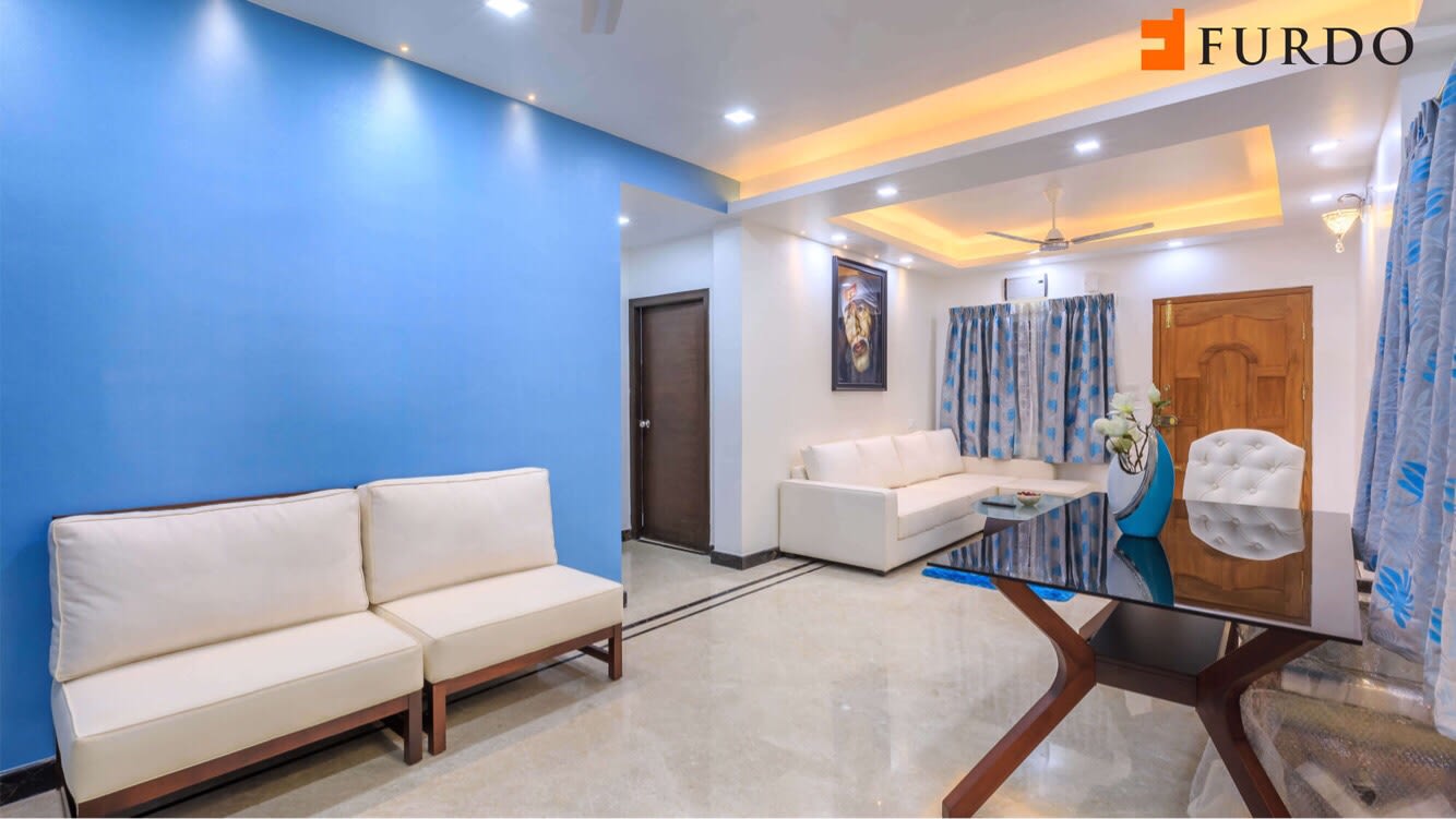 White Sofa Set With Blue Wall and marble flooring by Furdo.com Living-room Contemporary | Interior Design Photos & Ideas