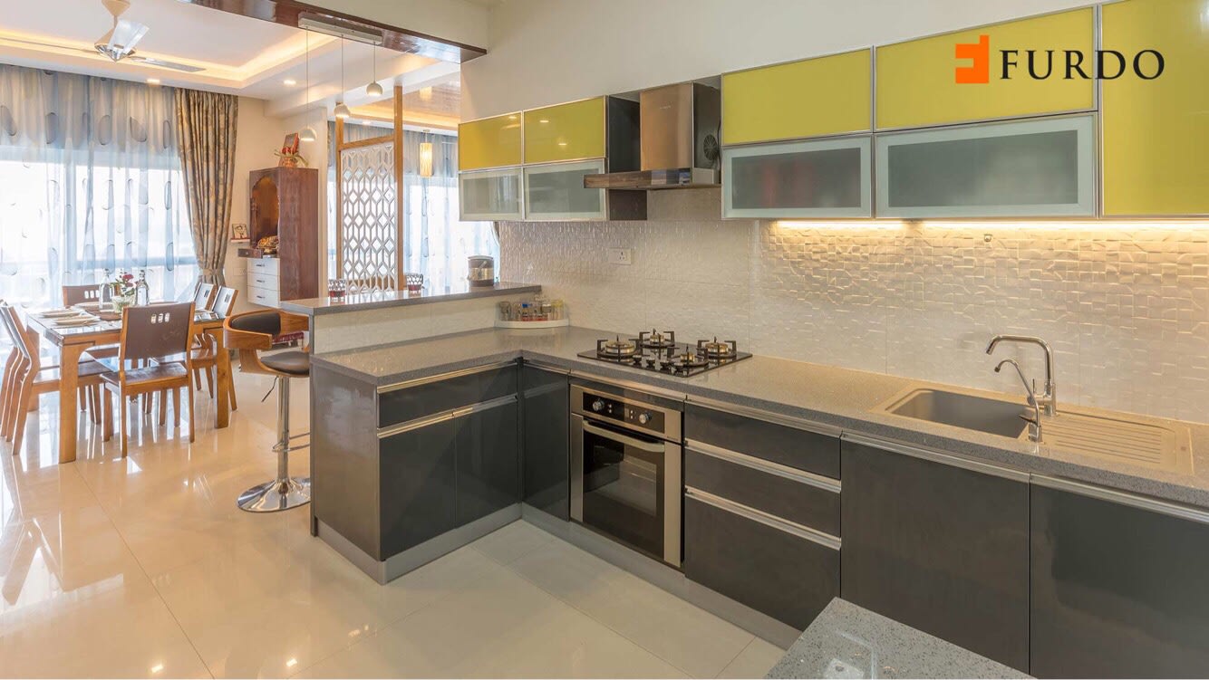 L shape Kitchen With Green Modular Cabinets by Furdo.com Modular-kitchen Modern | Interior Design Photos & Ideas