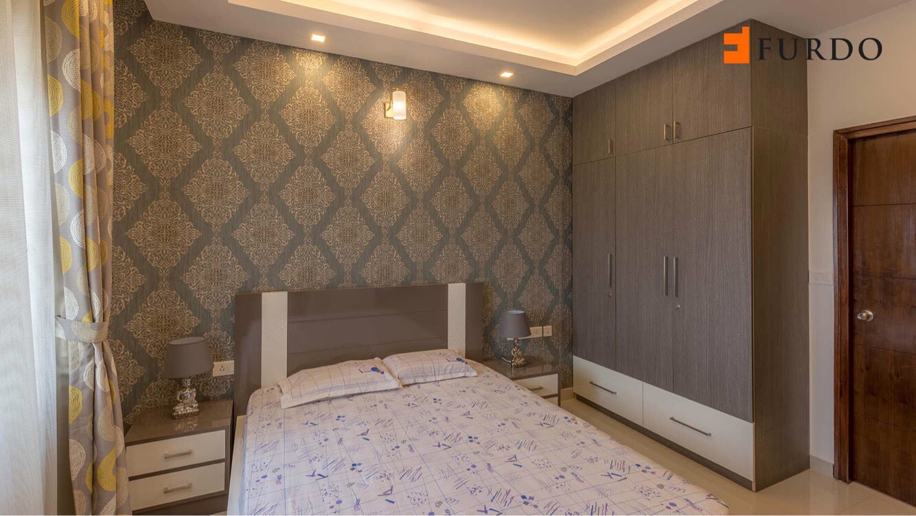 Bedroom With Wall Art And Wooden Wardrobe by Furdo.com Bedroom Modern | Interior Design Photos & Ideas