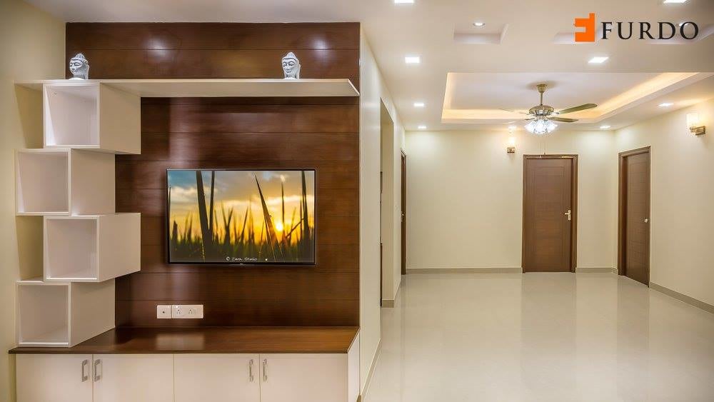 Living Room With Wooden Display Unit And White False Ceiling by Furdo.com Living-room Modern | Interior Design Photos & Ideas