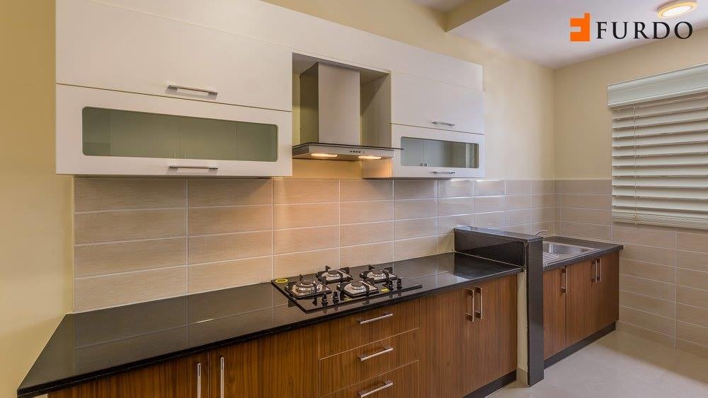 Kitchen With Pale Shade Tiles And Wooden Cabinets by Furdo.com Modular-kitchen Modern | Interior Design Photos & Ideas