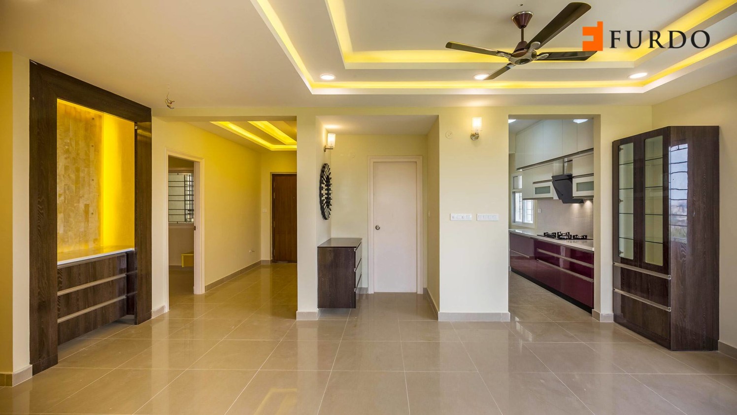 Hallway With White False Ceiling And Marble Flooring by Furdo.com Living-room Modern | Interior Design Photos & Ideas