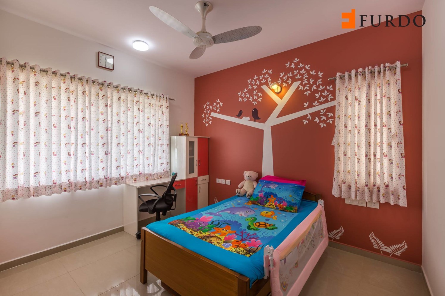 Kid's Bedroom With Red Wall Art by Furdo.com Bedroom Modern | Interior Design Photos & Ideas