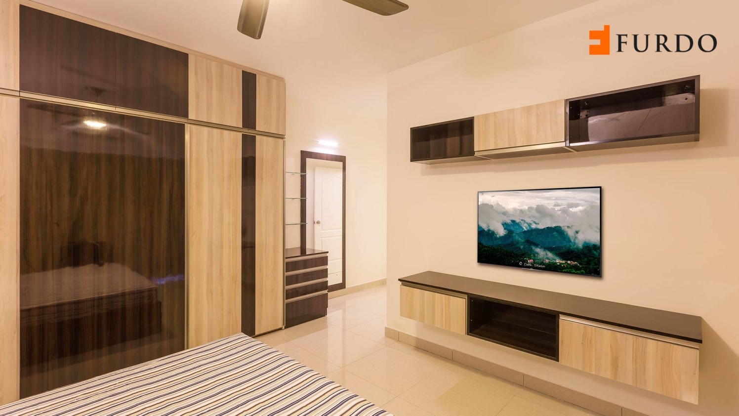 Bedroom With Wooden Work and marble flooring by Furdo.com Bedroom Modern | Interior Design Photos & Ideas