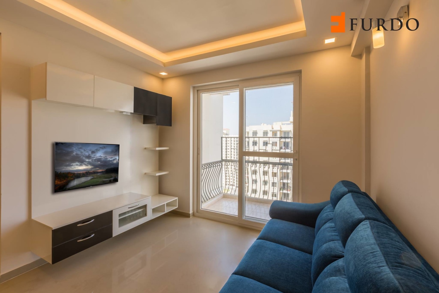 Living Room With Blue Sofa And Wooden Display Unit by Furdo.com Living-room Minimalistic | Interior Design Photos & Ideas