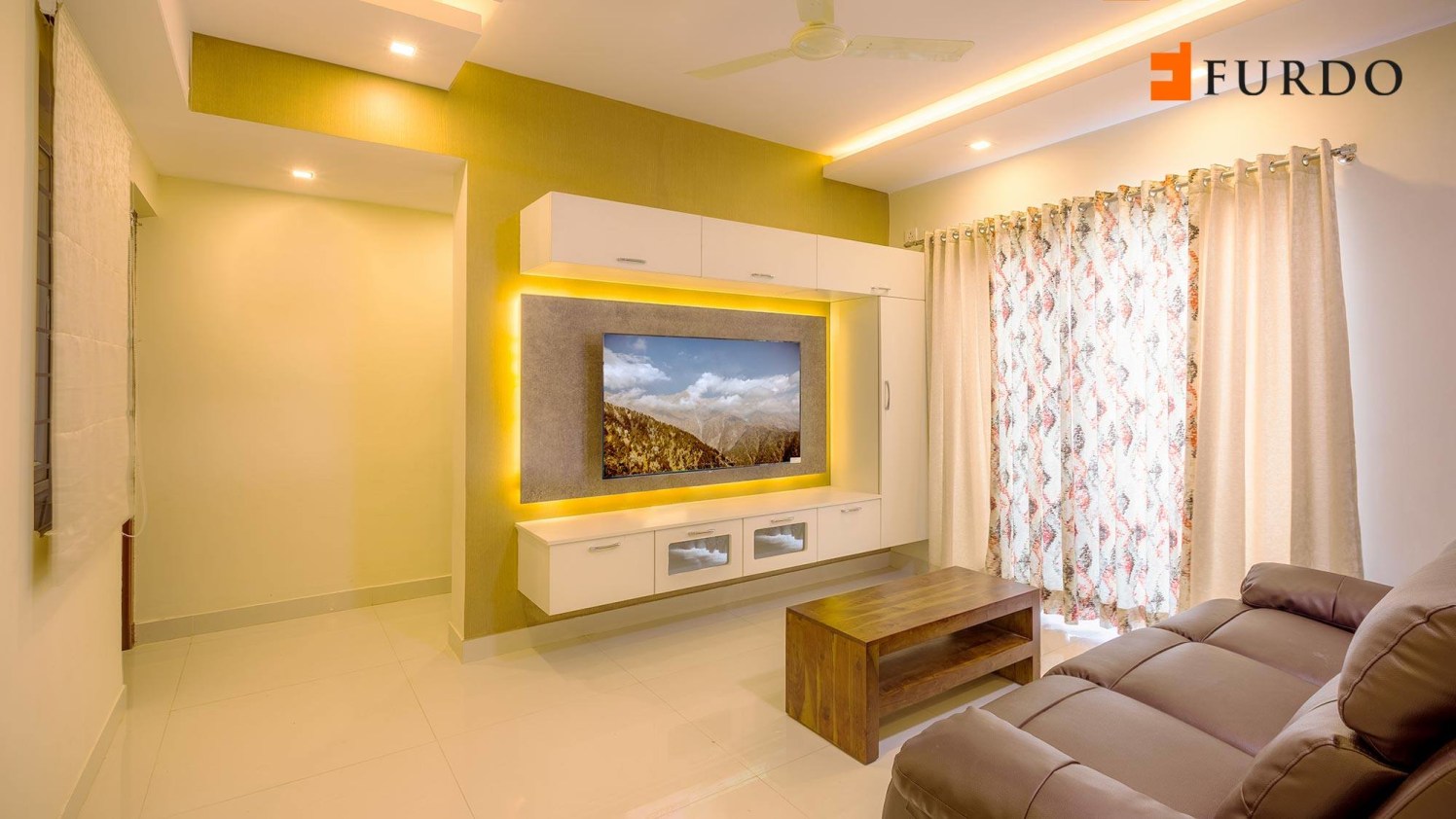 Living Room With Wooden Display Unit and marble flooring by Furdo.com Living-room Minimalistic | Interior Design Photos & Ideas
