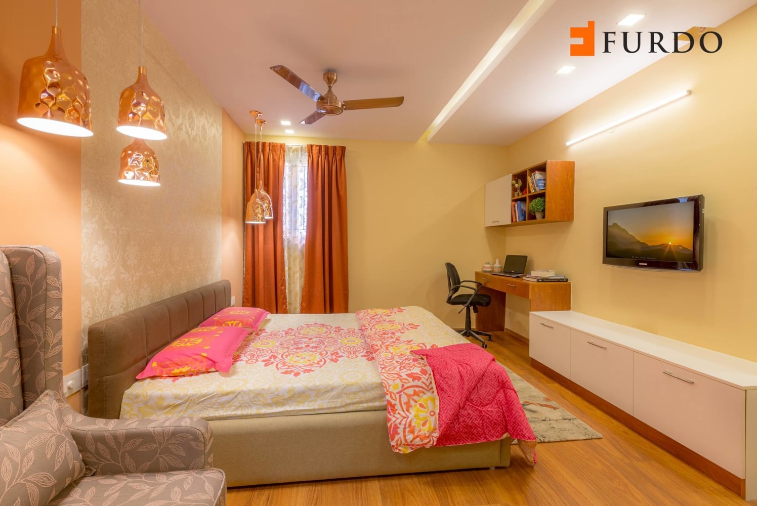 Bedroom With Hanging Lights and wooden flooring by Furdo.com Bedroom Modern | Interior Design Photos & Ideas