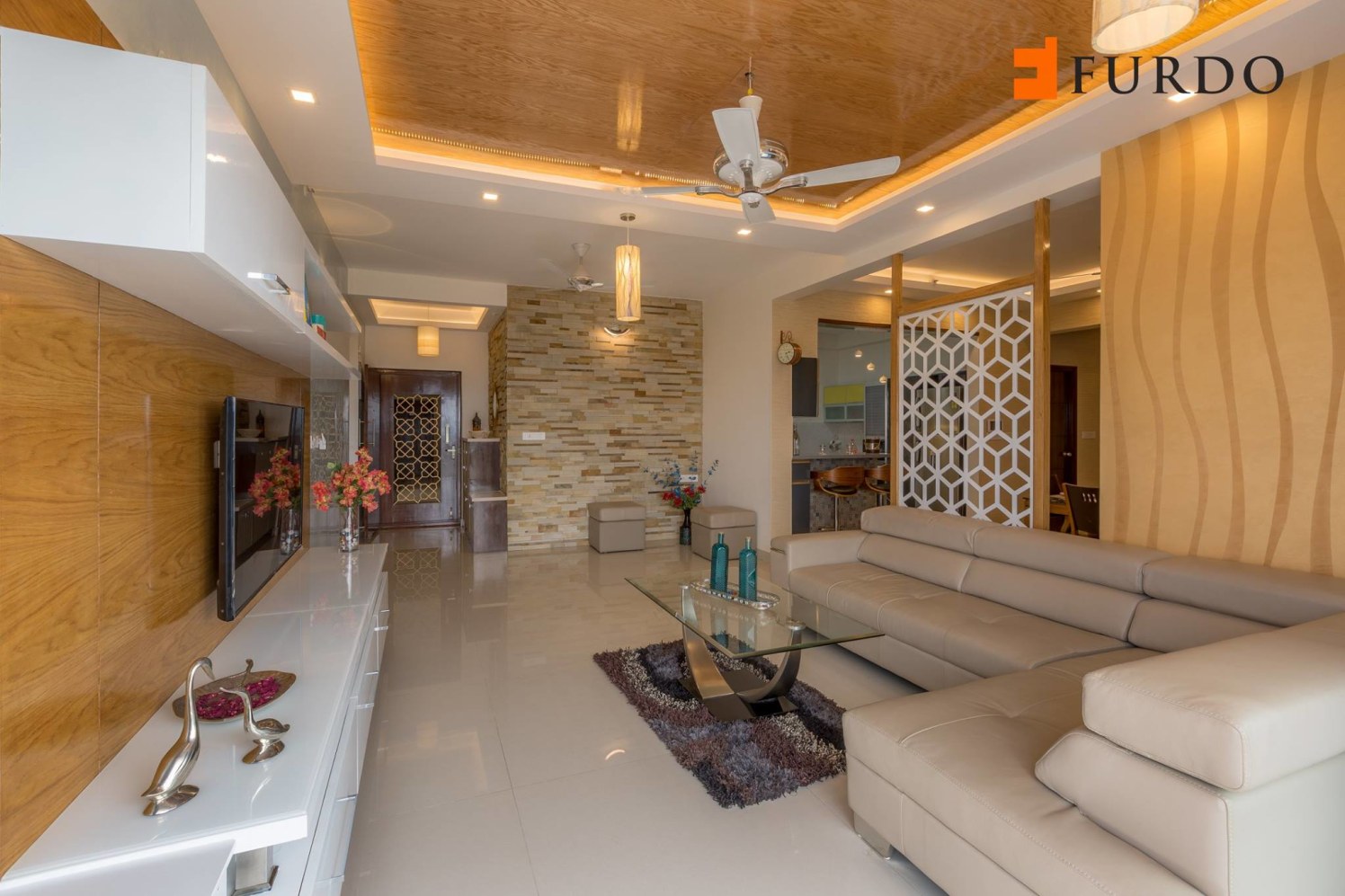Living Room With L-Shaped Sofa ANd Wooden Flase Ceiling by Furdo.com Living-room Contemporary | Interior Design Photos & Ideas