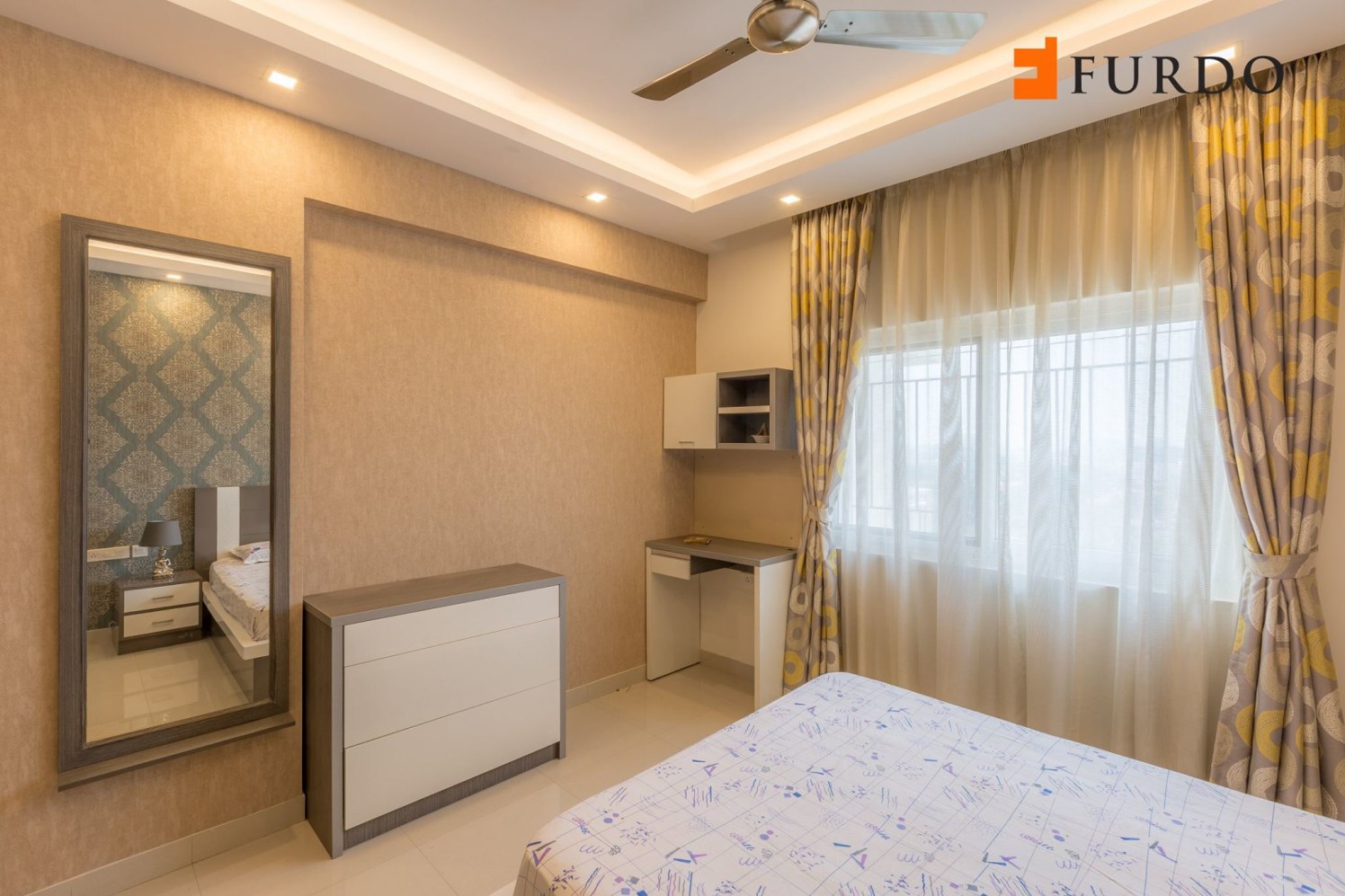 Beige shade Bedroom With Study Table And Designer Wall by Furdo.com Bedroom Modern | Interior Design Photos & Ideas