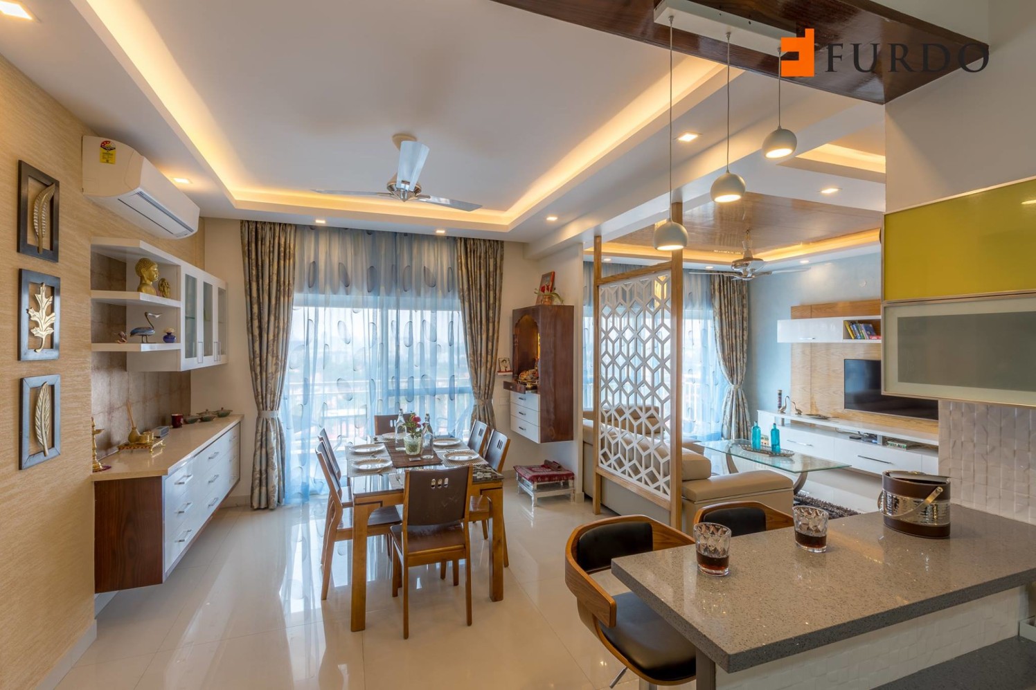 Dining Space With Marble Flooring And Wooden Furnishing by Furdo.com Dining-room Modern | Interior Design Photos & Ideas