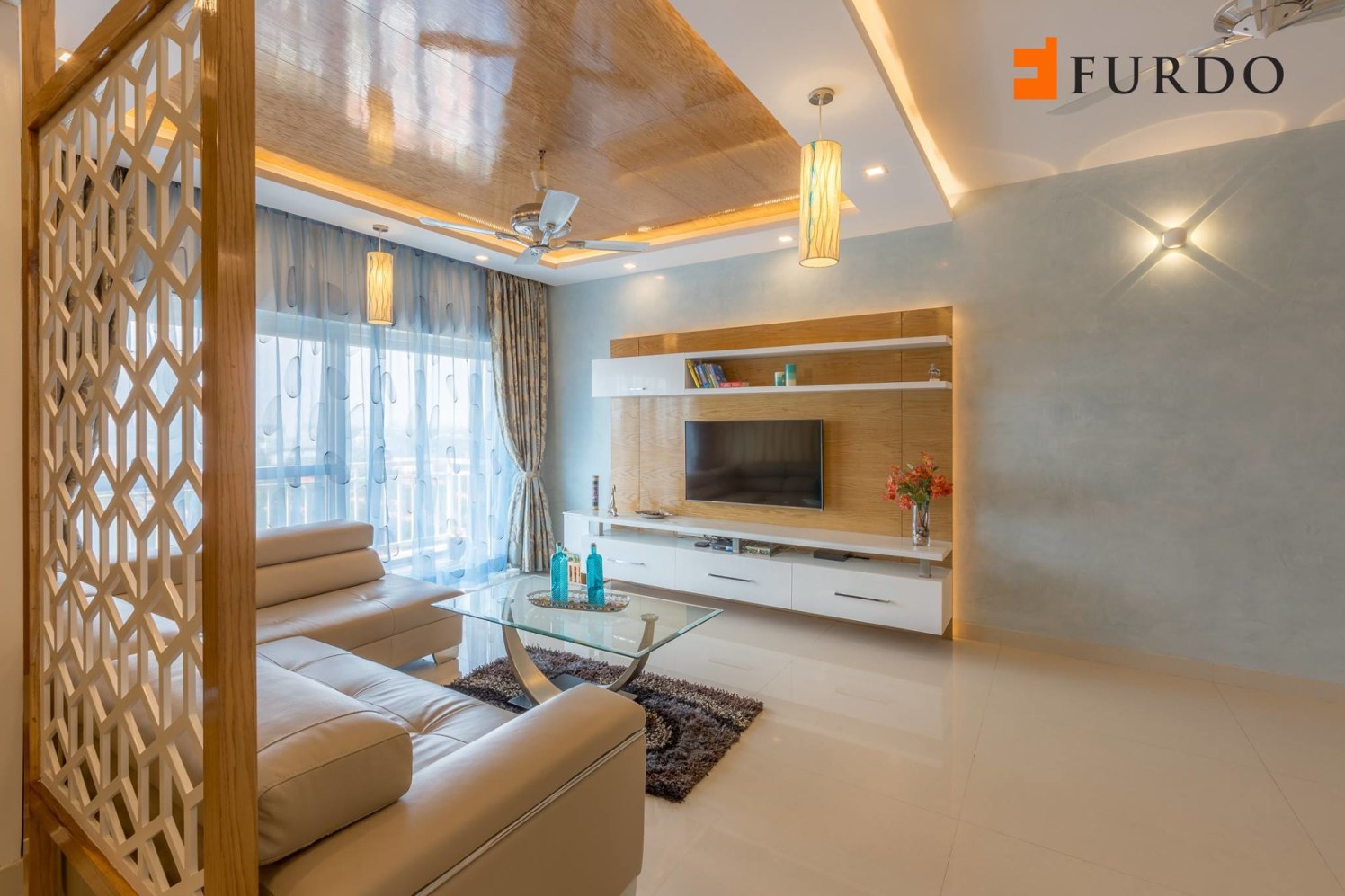 Living Room With Marble Flooring And Wooden Furnshing by Furdo.com Living-room Modern | Interior Design Photos & Ideas