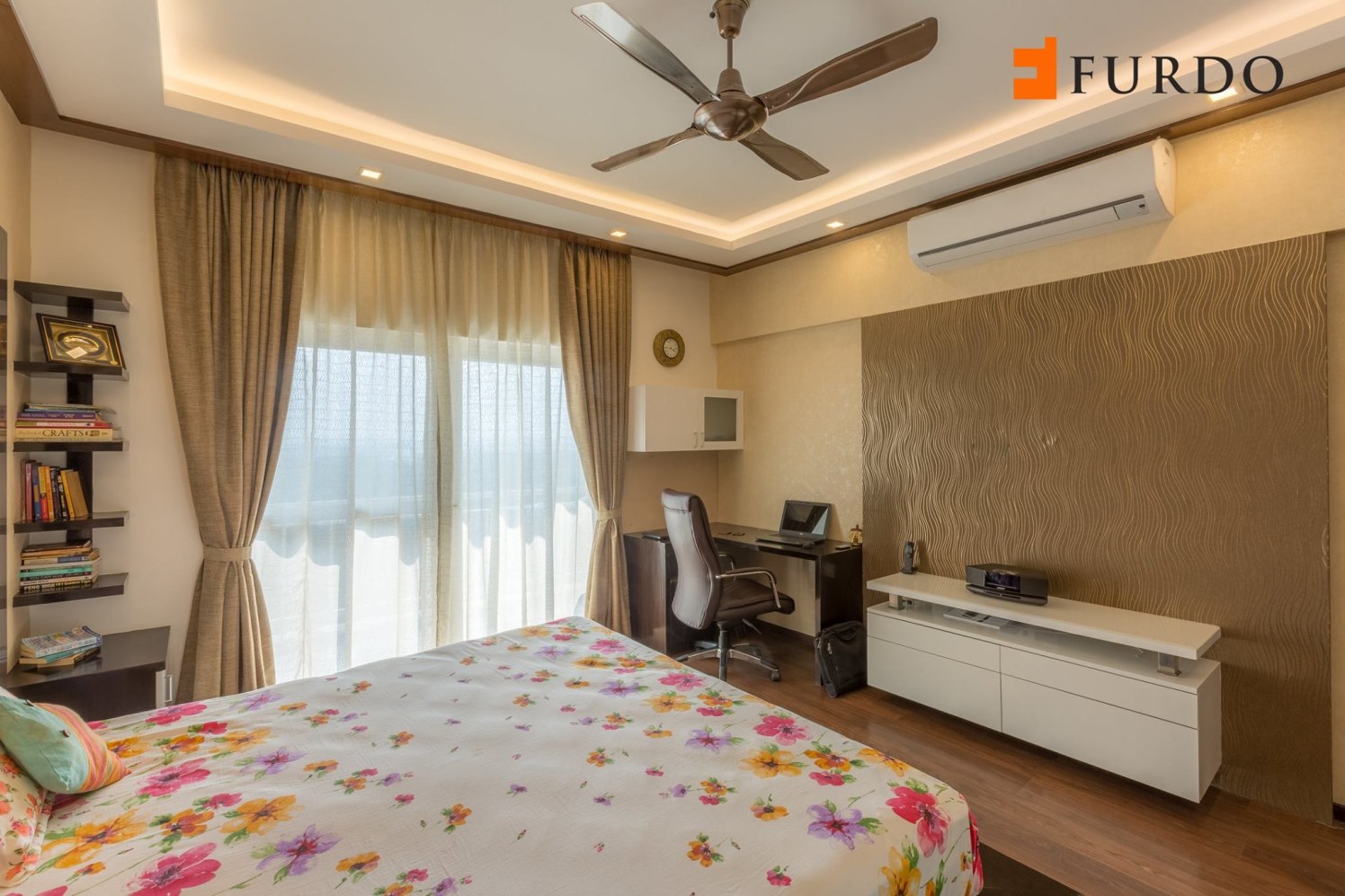Bedroom With Wooden Study Table And Wooden Flooring by Furdo.com Bedroom Contemporary | Interior Design Photos & Ideas