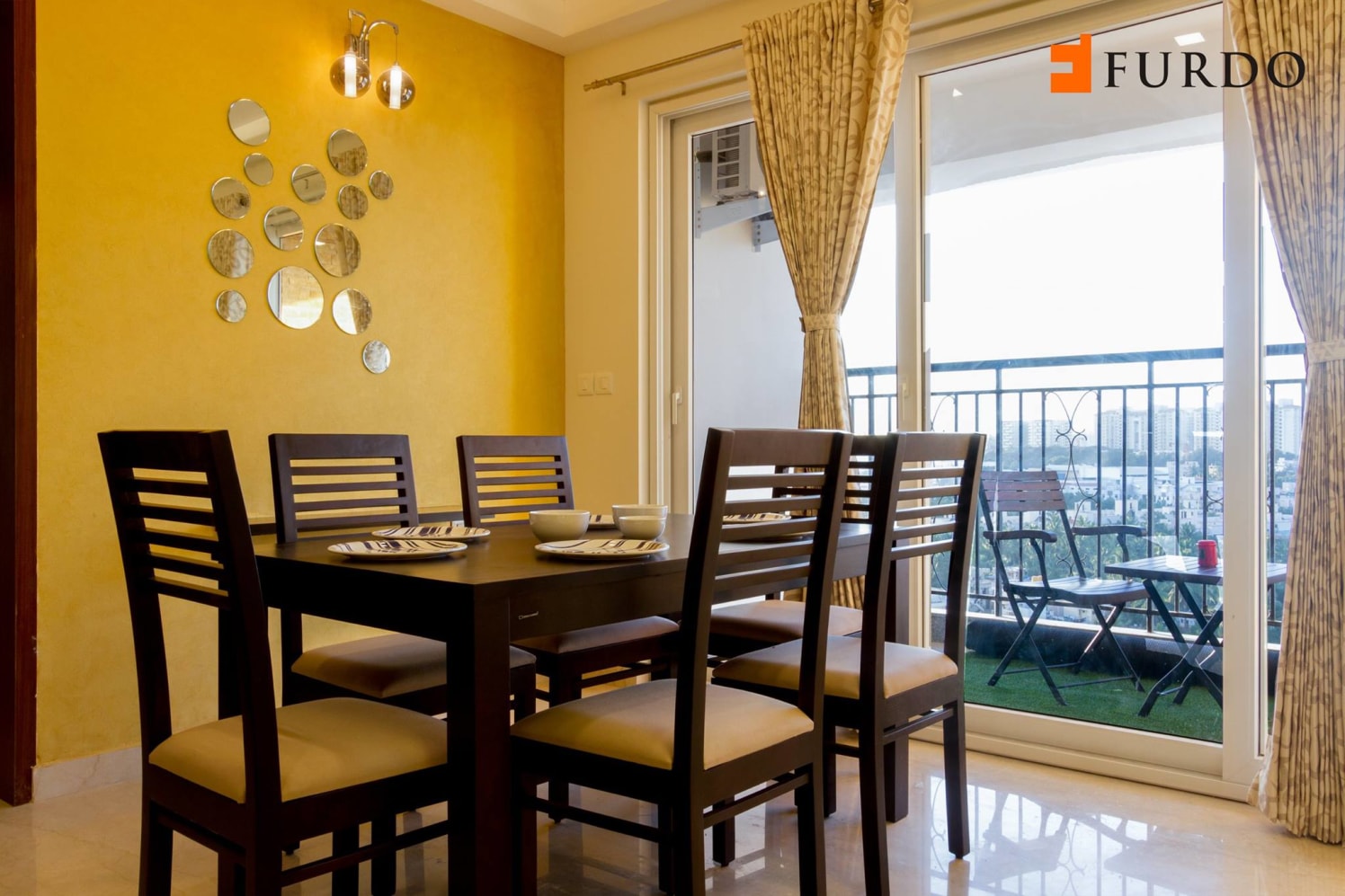 Dining Room With Wooden Table And Yellow Wall by Furdo.com Dining-room Modern | Interior Design Photos & Ideas