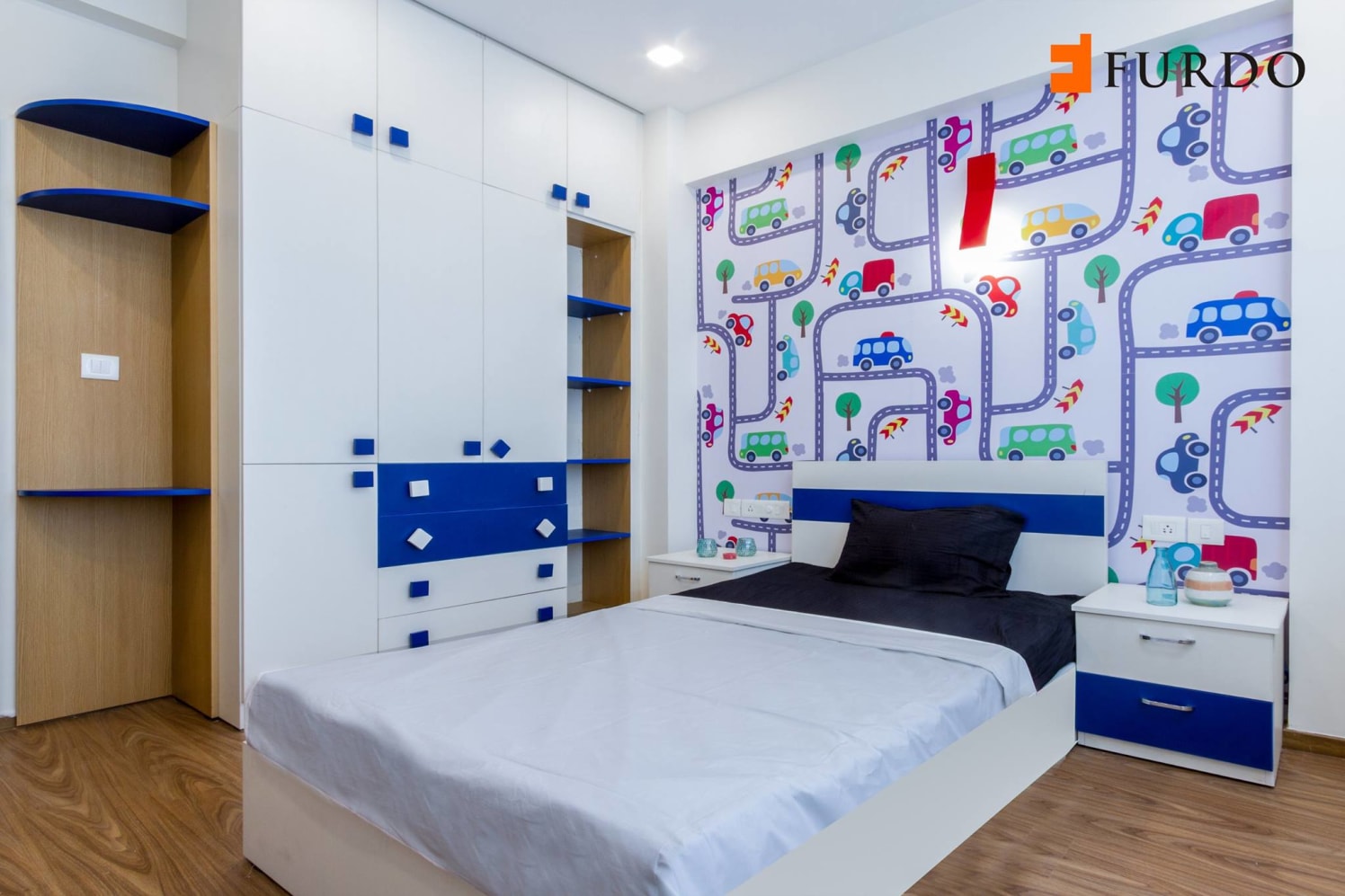 White And Blue Combo Kid Bedroom With Wall Art by Furdo.com Bedroom Modern | Interior Design Photos & Ideas
