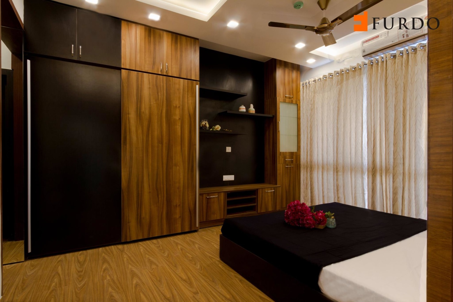 Bedroom With Wooden Furnishing and black wardrobe by Furdo.com Bedroom Modern | Interior Design Photos & Ideas