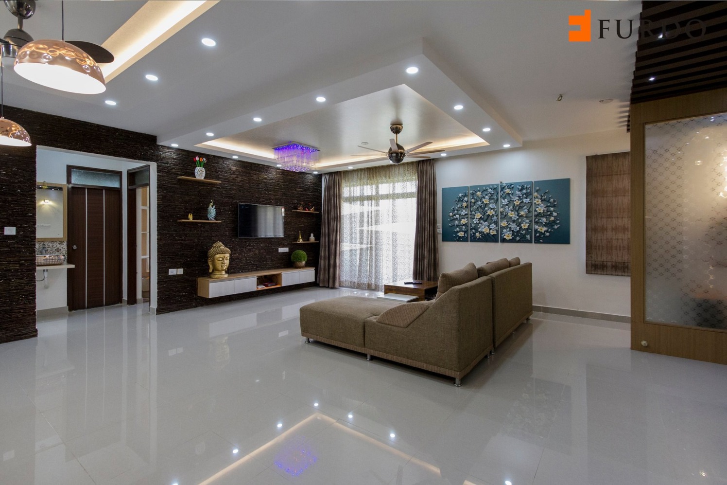 Living Room With Marble Flooring And Modern False ceiling ...