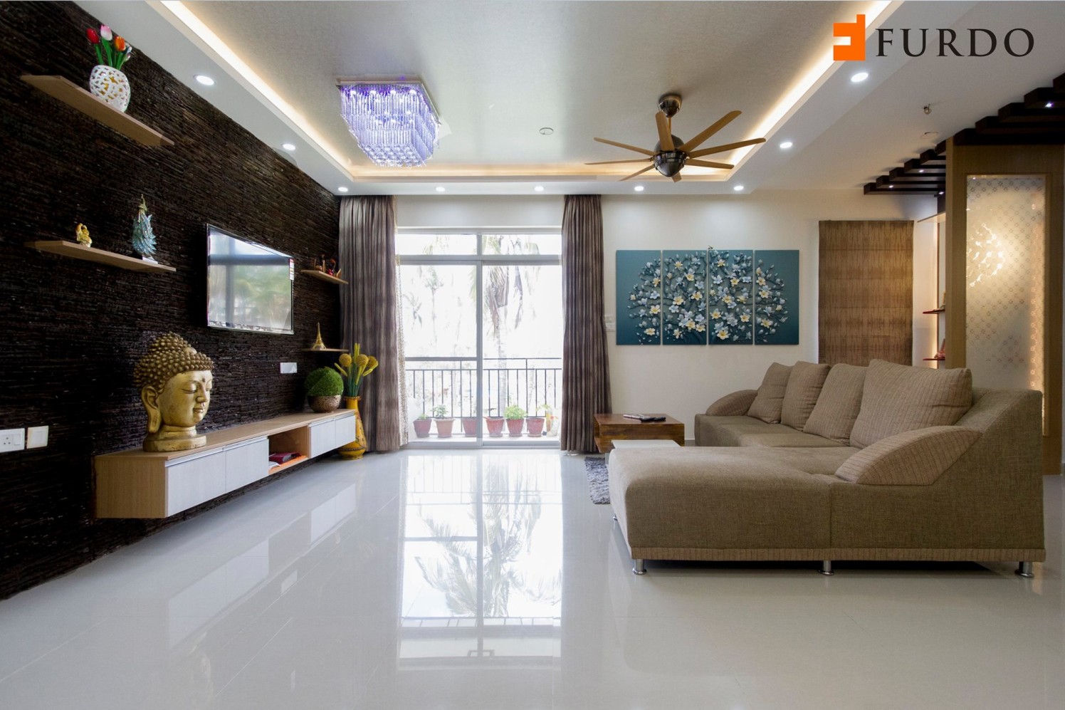 Living Room With White Marble Flooring And Antique Fan by Furdo.com Living-room Contemporary | Interior Design Photos & Ideas
