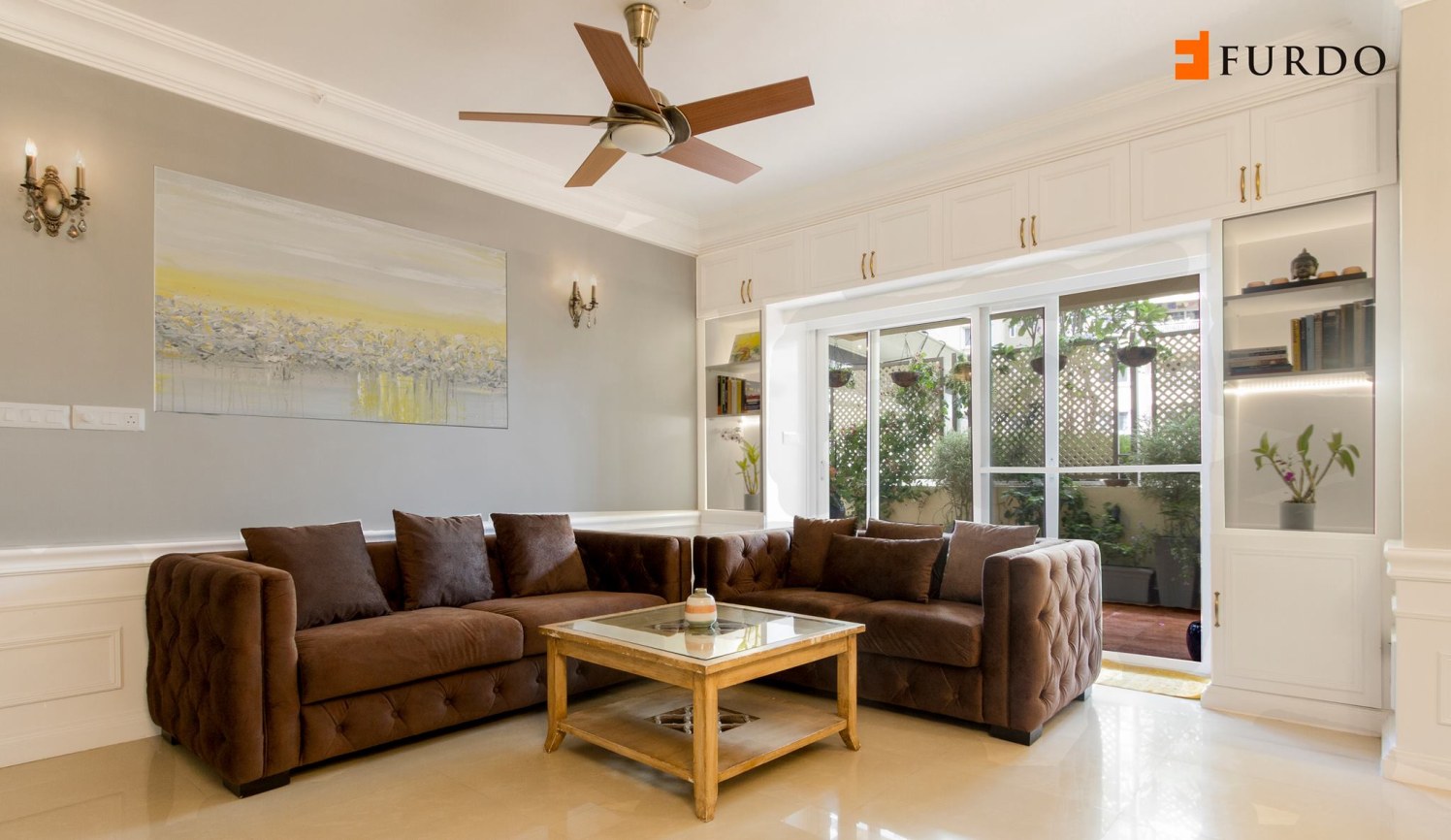 Living Room With Brown Sofa Set And Antique Fan by Furdo.com Living-room Contemporary | Interior Design Photos & Ideas