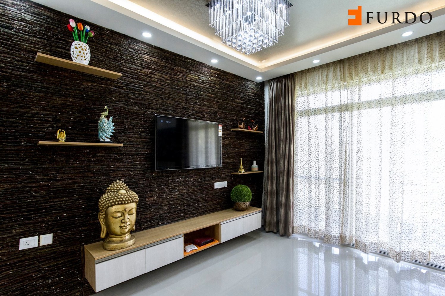 Living Room With Artistic Wall And Royal Chandelier by Furdo.com Living-room Modern | Interior Design Photos & Ideas