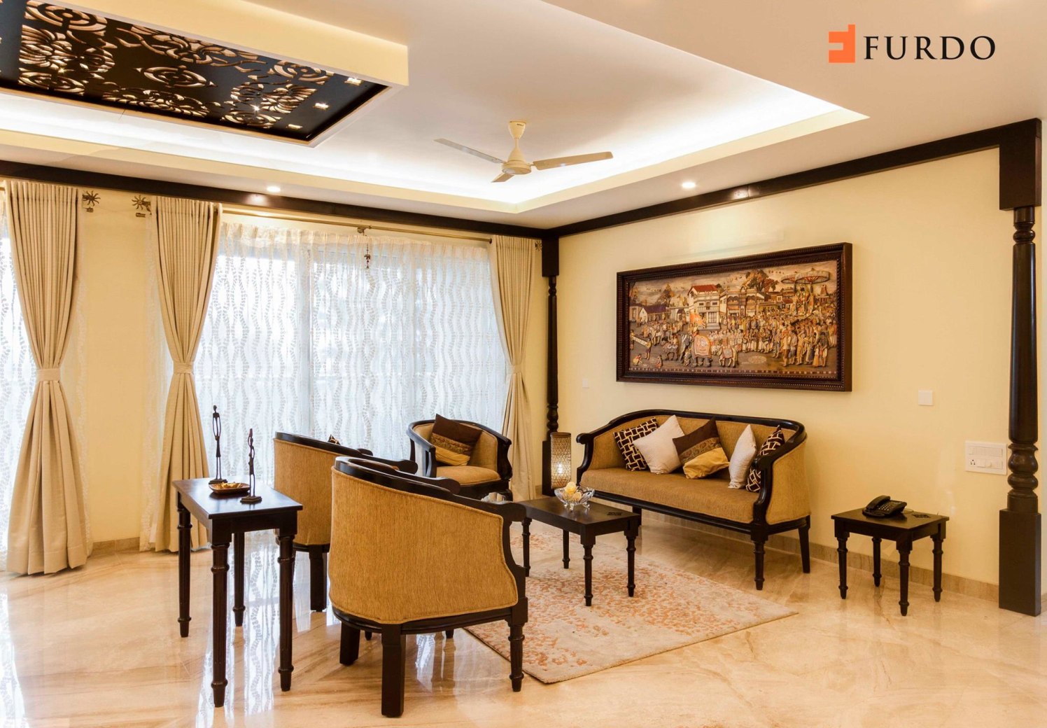 Living Room With Marble Flooring And Artistic False Ceiling by Furdo.com Living-room Vintage | Interior Design Photos & Ideas