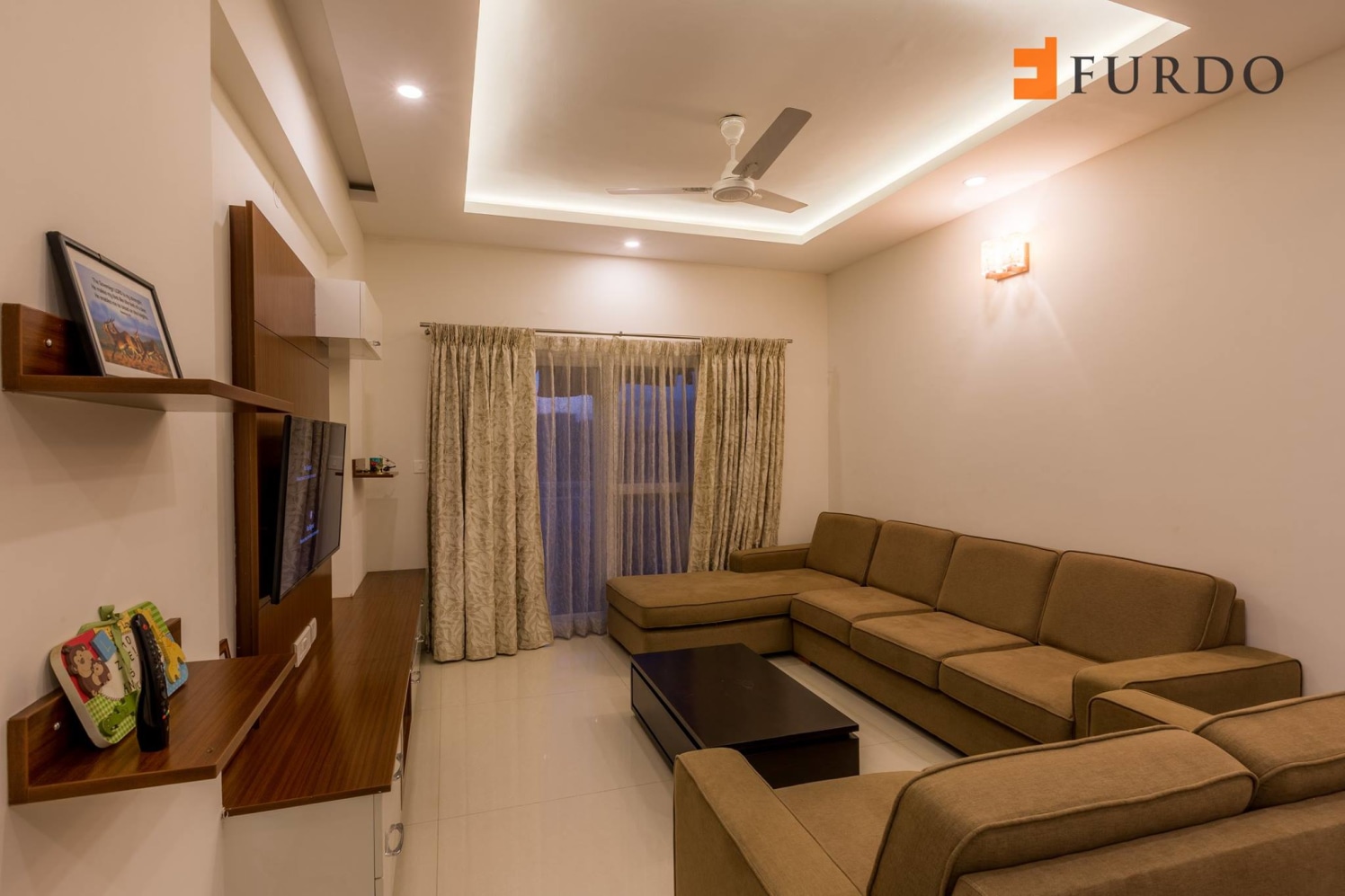 Living Room With L-Shaped Sofa And Modern False Ceiling by Furdo.com Living-room Contemporary | Interior Design Photos & Ideas