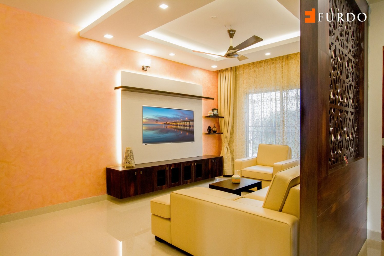 Living Room With Modern False Ceiling And Wall Art By Furdo