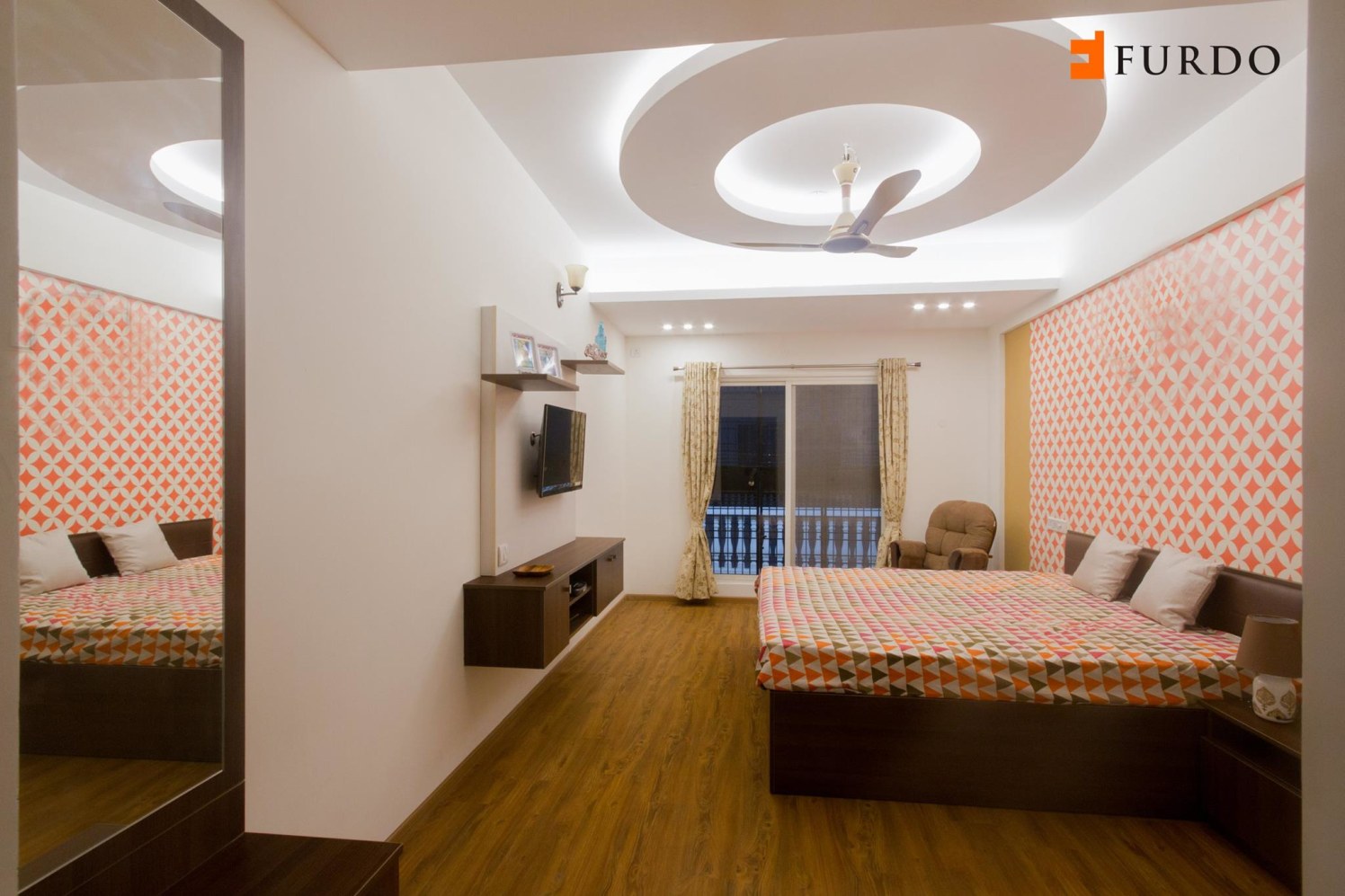 Bedroom With Artistic False Ceiling And Wall Art by Furdo.com Bedroom Modern | Interior Design Photos & Ideas