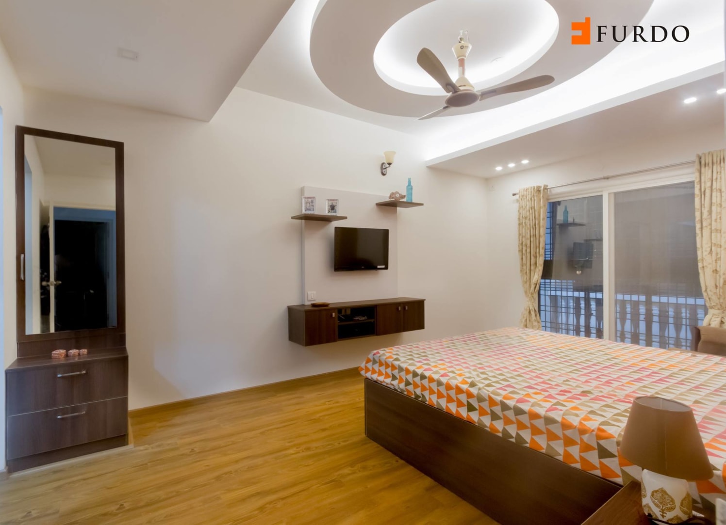 Bedroom With Wooden Flooring And Designer False Ceiling by Furdo.com Bedroom Modern | Interior Design Photos & Ideas